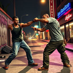 Two men engaging in a fistfight in the streets of Los Santos in Grand Theft Auto V