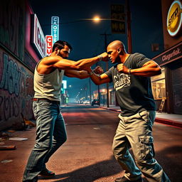 Two men engaging in a fistfight in the streets of Los Santos in Grand Theft Auto V