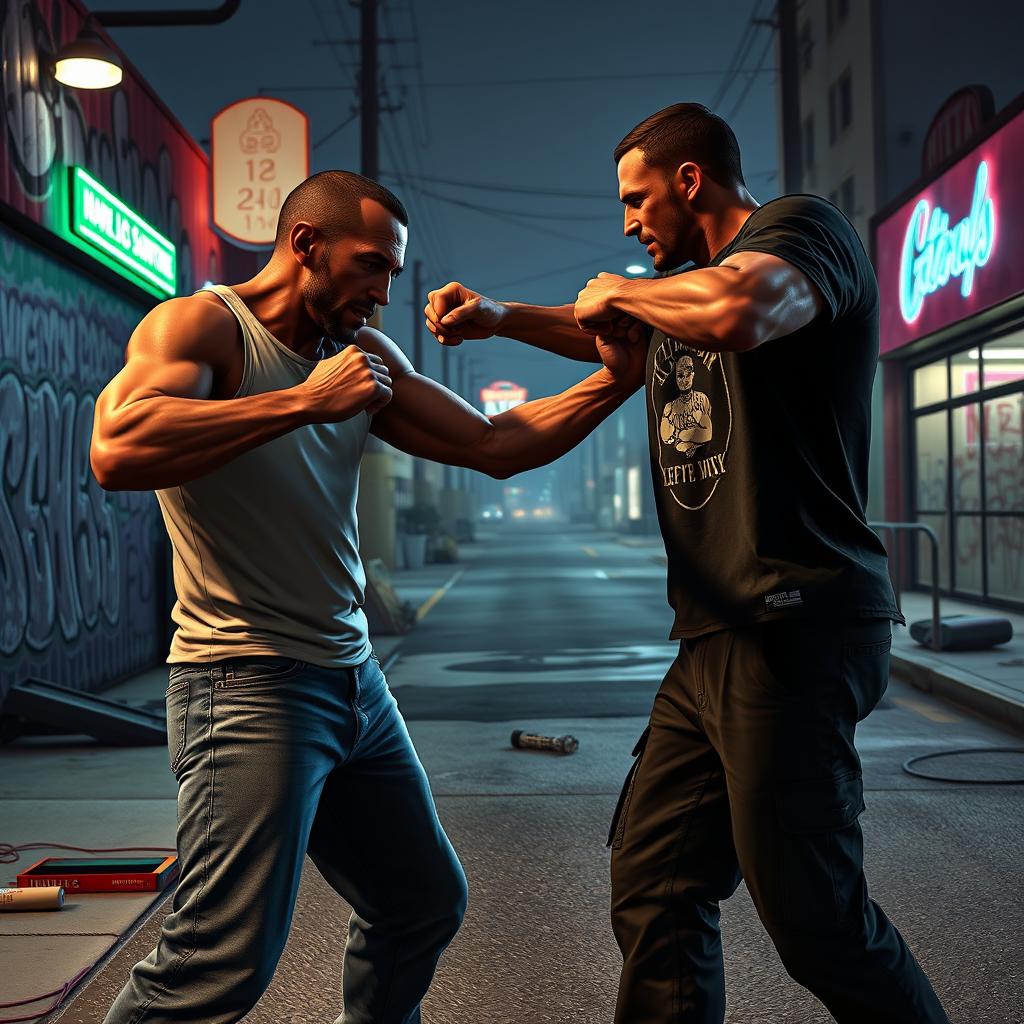 Two men engaging in a fistfight in the streets of Los Santos in Grand Theft Auto V