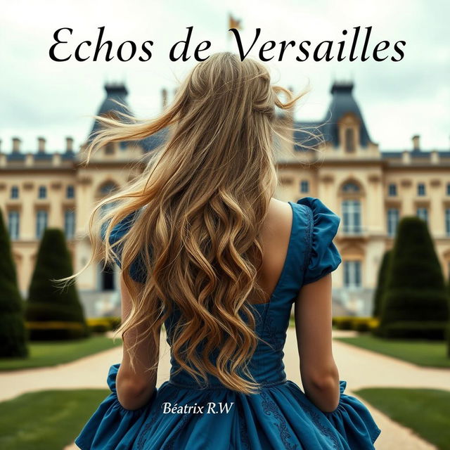 A beautiful woman with long, flowing blonde hair, seen from the back, standing in front of the Château de Versailles