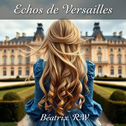 A beautiful woman with long, flowing blonde hair, seen from the back, standing in front of the Château de Versailles