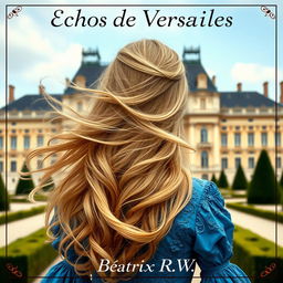 A beautiful woman with long, flowing blonde hair, seen from the back, standing in front of the Château de Versailles