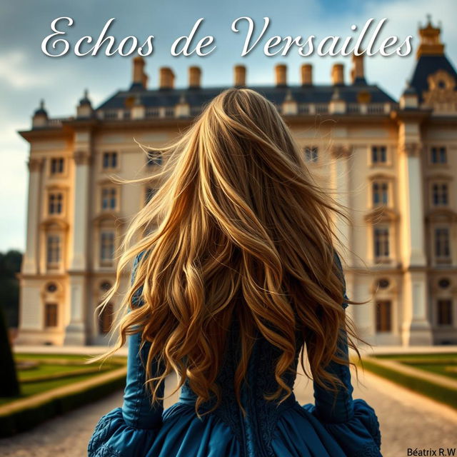 A beautiful woman with long, flowing blonde hair, seen from the back, standing in front of the Château de Versailles