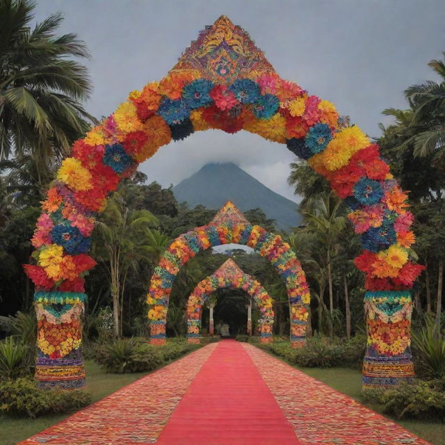 A grand archway design inspired by the festive spirit of the Philippines. Decorated with elements of the vibrant patterns of T'nalak and Yakan fabrics, shaped like the iconic Mayon Volcano, and adorned with symbolic traditional dance and music instruments.