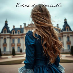 A beautiful woman with long, flowing blonde hair, seen from the back, standing in front of the Château de Versailles