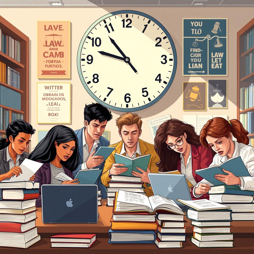 A dynamic illustration capturing the intense atmosphere of a Brazilian law exam known as the OAB (Ordem dos Advogados do Brasil), focusing on a group of diverse law students studying together in a well-lit library