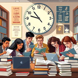 A dynamic illustration capturing the intense atmosphere of a Brazilian law exam known as the OAB (Ordem dos Advogados do Brasil), focusing on a group of diverse law students studying together in a well-lit library