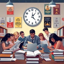 A dynamic illustration capturing the intense atmosphere of a Brazilian law exam known as the OAB (Ordem dos Advogados do Brasil), focusing on a group of diverse law students studying together in a well-lit library