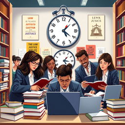 A dynamic illustration capturing the intense atmosphere of a Brazilian law exam known as the OAB (Ordem dos Advogados do Brasil), focusing on a group of diverse law students studying together in a well-lit library