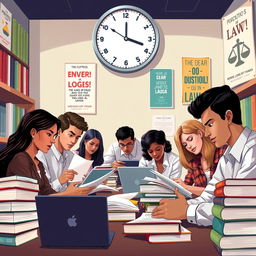 A dynamic illustration capturing the intense atmosphere of a Brazilian law exam known as the OAB (Ordem dos Advogados do Brasil), focusing on a group of diverse law students studying together in a well-lit library