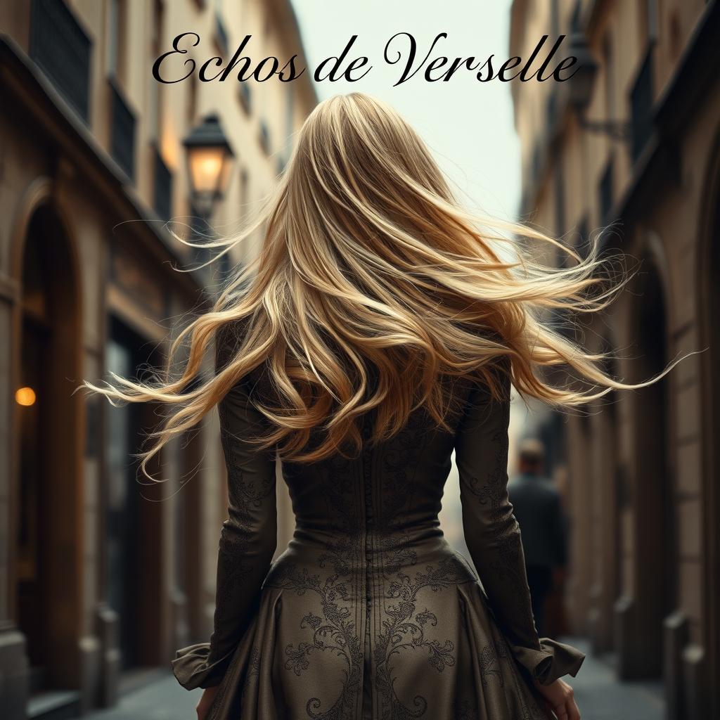 A beautiful woman with long, flowing blonde hair, seen from the back, walking through the ancient streets of Paris