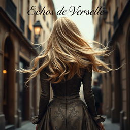 A beautiful woman with long, flowing blonde hair, seen from the back, walking through the ancient streets of Paris