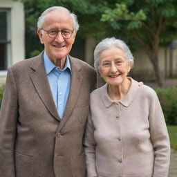 A kind elderly man named Franklin, wearing smart casual clothes with thin round glasses, standing beside his wife, a graceful elderly woman with a warm smile, elegantly dressed.