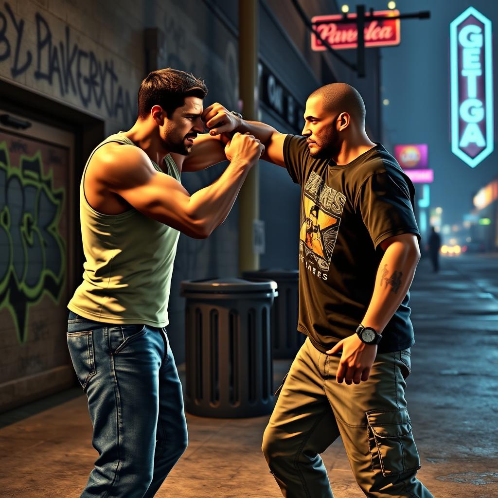 Two men engaging in a fistfight in the streets of Los Santos in Grand Theft Auto V