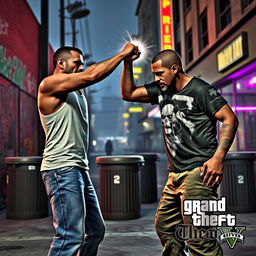 Two men engaging in a fistfight in the streets of Los Santos in Grand Theft Auto V