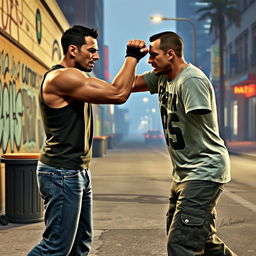 Two men engaging in a fistfight in the streets of Los Santos in Grand Theft Auto V