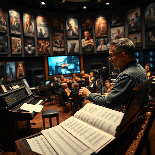 A cinematic scene showcasing a film composer in a modern studio filled with musical equipment