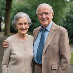 A kind elderly man named Franklin, wearing smart casual clothes with thin round glasses, standing beside his wife, a graceful elderly woman with a warm smile, elegantly dressed.