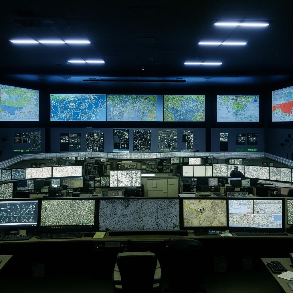 The expansive desk in the SWAT Control Room, filled with numerous screens displaying real-time data, strategic maps, and intricate communications equipment.