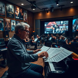 A cinematic scene showcasing a film composer in a modern studio filled with musical equipment