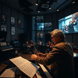 A cinematic scene showcasing a film composer in a modern studio filled with musical equipment