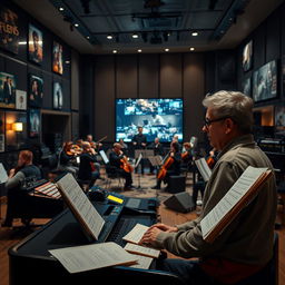 A cinematic scene showcasing a film composer in a modern studio filled with musical equipment