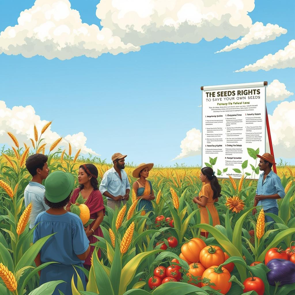 A detailed illustration representing intellectual property rights focusing on farmers' rights to save their own seeds