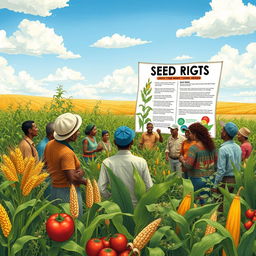 A detailed illustration representing intellectual property rights focusing on farmers' rights to save their own seeds