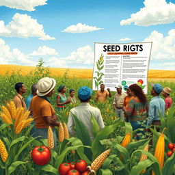 A detailed illustration representing intellectual property rights focusing on farmers' rights to save their own seeds