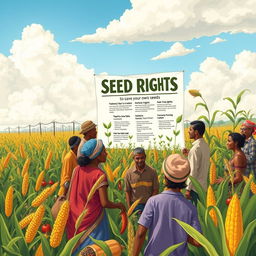 A detailed illustration representing intellectual property rights focusing on farmers' rights to save their own seeds