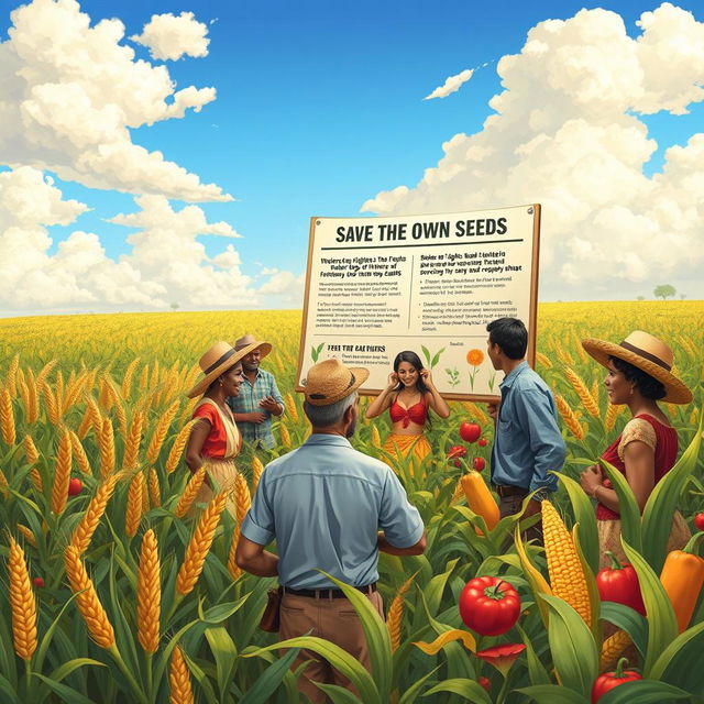 A detailed illustration representing intellectual property rights focusing on farmers' rights to save their own seeds