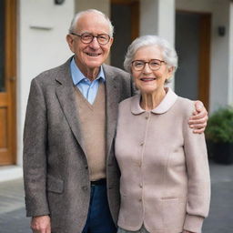 A kind elderly man named Franklin, wearing smart casual clothes with thin round glasses, standing beside his wife, a graceful elderly woman with a warm smile, elegantly dressed.