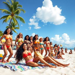 A vibrant beach scene featuring multiple women in stylish and colorful bikinis, enjoying the sun and the waves