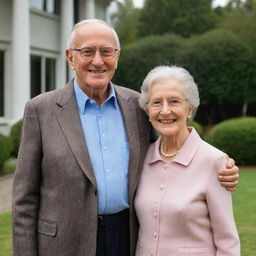 A kind elderly man named Franklin, wearing smart casual clothes with thin round glasses, standing beside his wife, a graceful elderly woman with a warm smile, elegantly dressed.