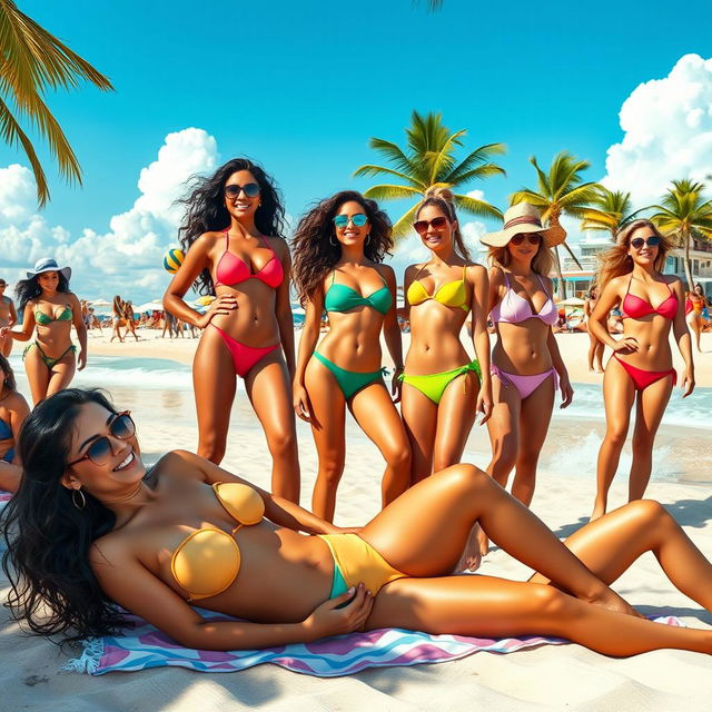 A vibrant beach scene featuring multiple women in stylish and colorful bikinis, enjoying the sun and the waves