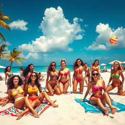 A vibrant beach scene featuring multiple women in stylish and colorful bikinis, enjoying the sun and the waves