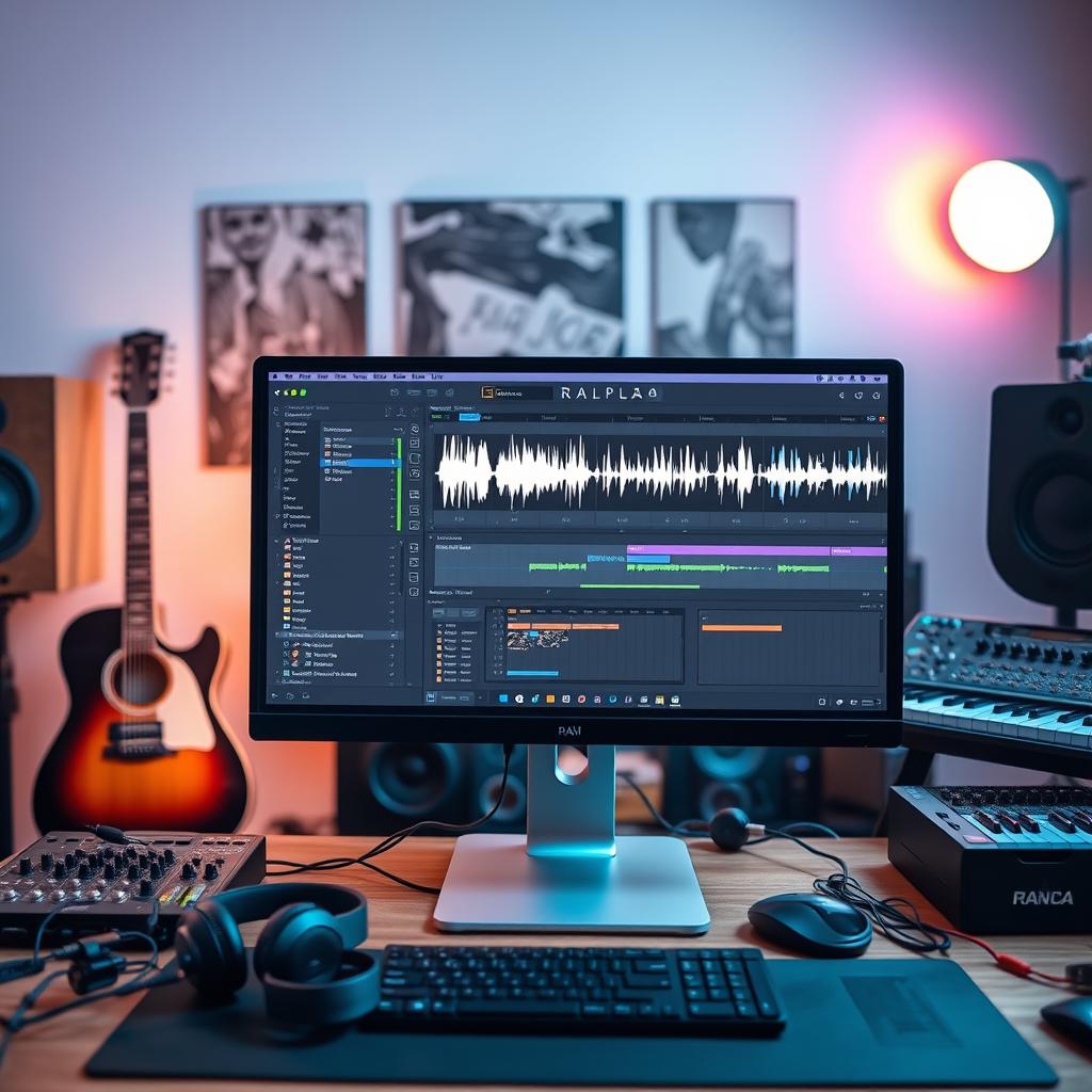 A modern computer setup showcasing a Digital Audio Workstation (DAW) interface on the screen, featuring vibrant waveforms and audio tracks