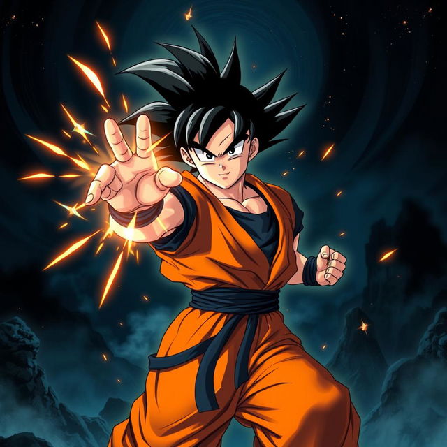 A stunning 4K dark-themed wallpaper featuring Goku from Dragon Ball, depicted in a dynamic fighting pose with his signature spiky black hair and bright orange Gi