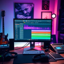 A modern computer setup showcasing a Digital Audio Workstation (DAW) interface on the screen, featuring vibrant waveforms and audio tracks