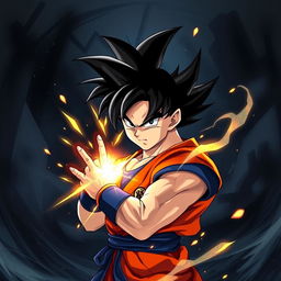 A stunning 4K dark-themed wallpaper featuring Goku from Dragon Ball, depicted in a dynamic fighting pose with his signature spiky black hair and bright orange Gi