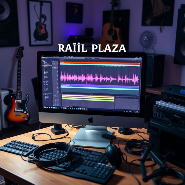 A modern computer setup showcasing a Digital Audio Workstation (DAW) interface on the screen, featuring vibrant waveforms and audio tracks