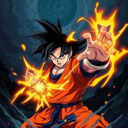 A stunning 4K dark-themed wallpaper featuring Goku from Dragon Ball, depicted in a dynamic fighting pose with his signature spiky black hair and bright orange Gi