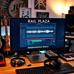 A modern computer setup showcasing a Digital Audio Workstation (DAW) interface on the screen, featuring vibrant waveforms and audio tracks