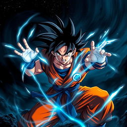 A stunning 4K dark-themed wallpaper featuring Goku from Dragon Ball, depicted in a dynamic fighting pose with his signature spiky black hair and bright orange Gi