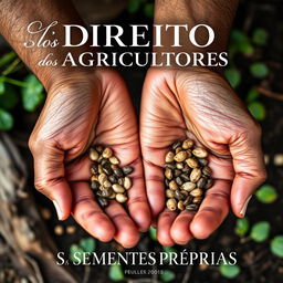 A captivating ebook cover for "DIREITO DOS AGRICULTORES ÀS SEMENTES PRÓPRIAS" featuring close-up images of hands holding various seeds in a rustic, earthy setting