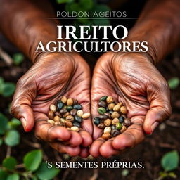 A captivating ebook cover for "DIREITO DOS AGRICULTORES ÀS SEMENTES PRÓPRIAS" featuring close-up images of hands holding various seeds in a rustic, earthy setting