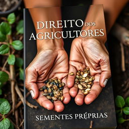 A captivating ebook cover for "DIREITO DOS AGRICULTORES ÀS SEMENTES PRÓPRIAS" featuring close-up images of hands holding various seeds in a rustic, earthy setting