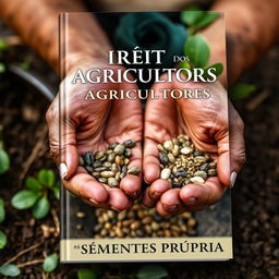 A captivating ebook cover for "DIREITO DOS AGRICULTORES ÀS SEMENTES PRÓPRIAS" featuring close-up images of hands holding various seeds in a rustic, earthy setting