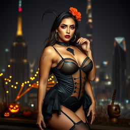 A captivating portrait of a sexy woman in Dubai, showcasing her BIG, voluptuous figure and a provocative pose with a Halloween theme