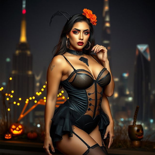 A captivating portrait of a sexy woman in Dubai, showcasing her BIG, voluptuous figure and a provocative pose with a Halloween theme